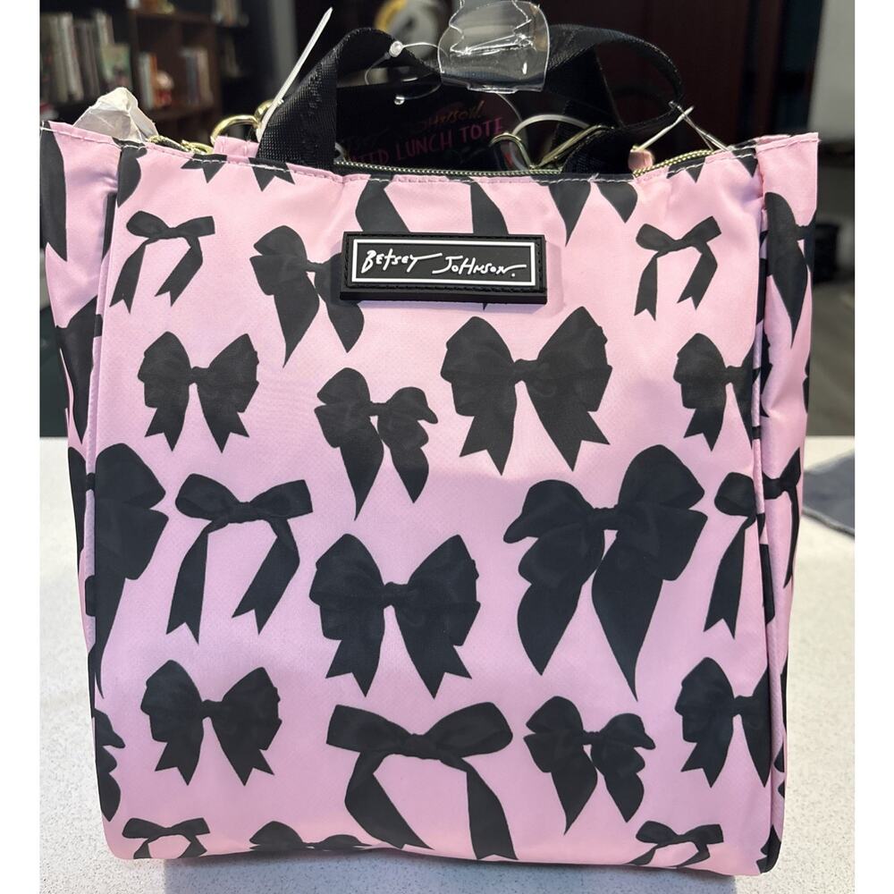 NWT Betsey Johnson Pink Black Bow Zip Top Insulated Lunch Tote Bag $58 Halloween